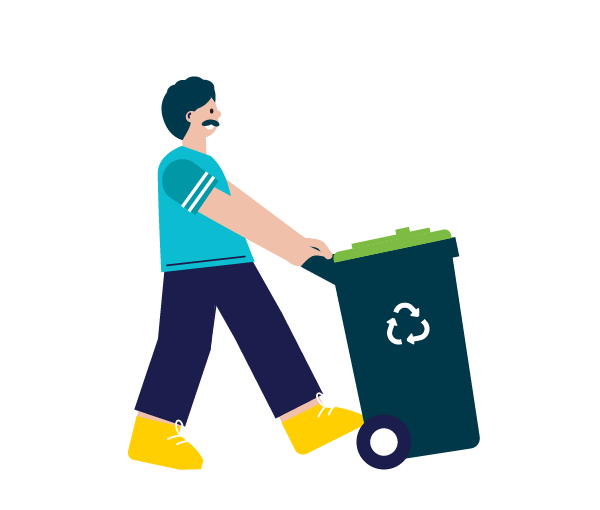 A person pushing a wheelie-bin.