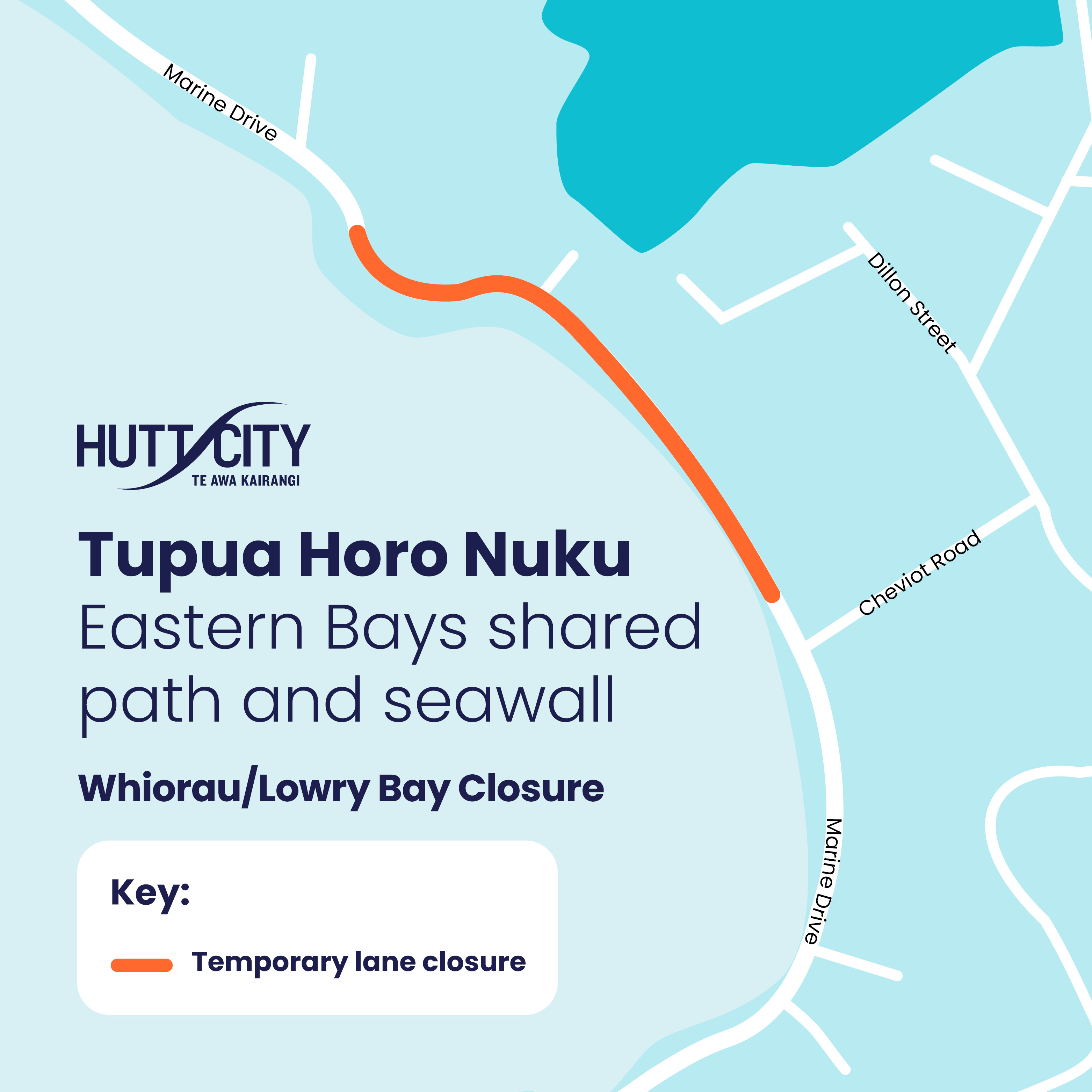 A map detailing the lane closure  on Marine Drive in Whiorau Lowry Bay.