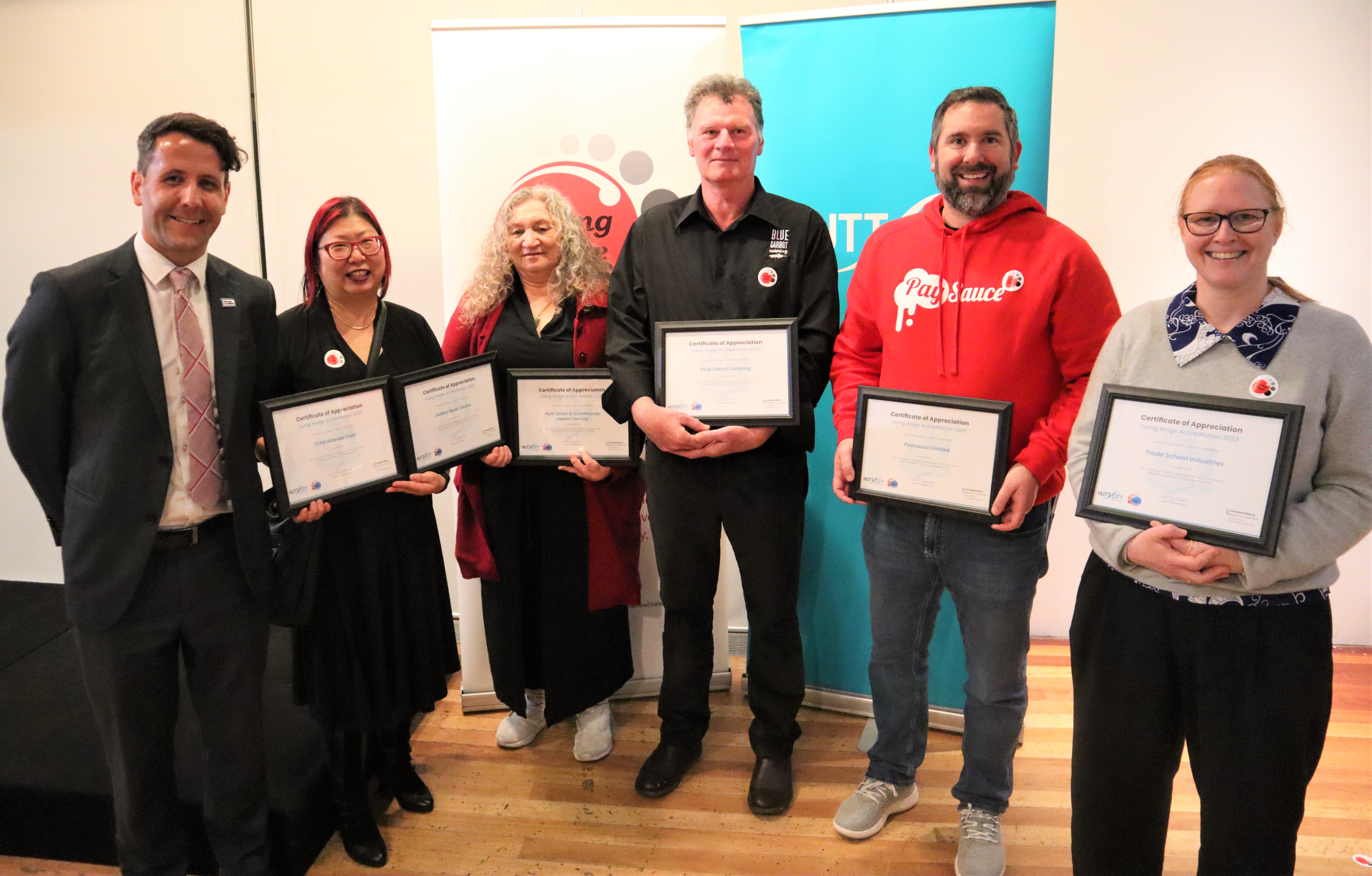 Mayor Campbell Barry, Lillian Pak – TEAM Naenae Trust, Dina Awarau – Hutt Union, James Stuart – Blue Carrot Catering, Mat Stokes – Paysauce Limited, Hannah Drew-Crawshaw – Trade School Industries 